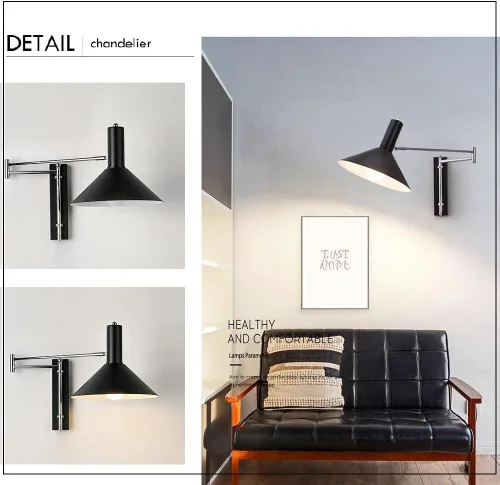 Vista 5 de Aplique de pared Bauhaus con brazo articulado, Aplique industrial cromado, luz de lectura ajustable para mesilla de noche, lámpara de metal moderno