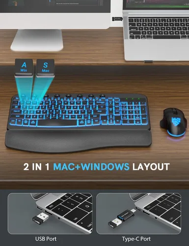 Vista 5 de SABLUTE Combo de teclado y mouse inalámbrico ergonómico, MA12Pro Wave teclado con reposamuñecas de cuero para escribir cómodamente, retroiluminación
