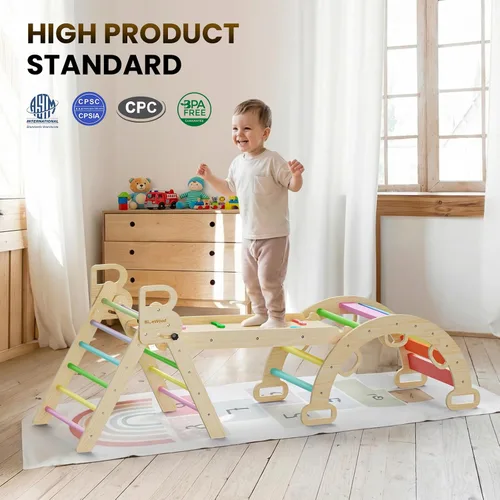 Vista 3 de BlueWood Pikler - Juego de triángulos 7 en 1 plegables, juguetes de escalada Montessori de madera con arco y rampa y escalera, escalador para bebés