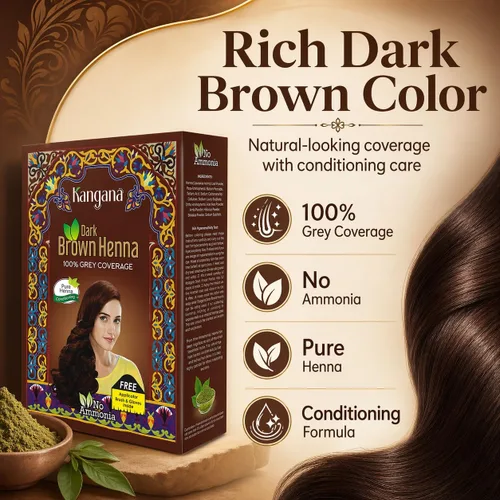 Vista 3 de Kangana - Tinte para el cabello castaño oscuro con henna y hierbas, sin amoníaco, 6 bolsas Marrón oscuro de larga duración de henna e ingredientes
