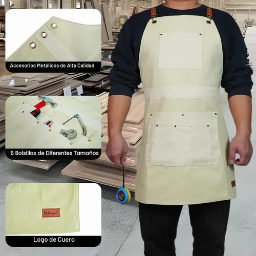 Vista 3 de Pelocapa Woodworking Tools Apron for Men Heavy Duty Waterproof Cotton Canvas Apron with 6 Pockets Color crema