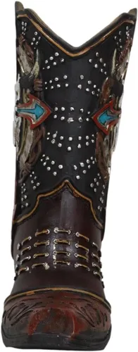 Vista 3 de Ebros Gift Rústica Country Western Cow Skull Turquesa Cruz y Alambres de púas de cuero sintético de vaquero Bota de vaquero decorativa florero