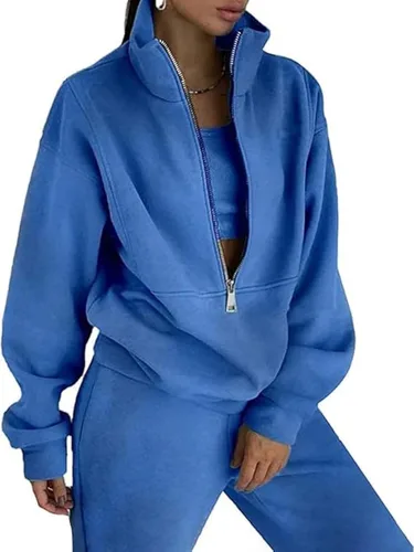 Vista 15 de PEHMEA Conjunto deportivo de 2 piezas de otoño para mujer, con forro polar, holgado, manga larga, media cremallera, cómodo conjunto de descanso