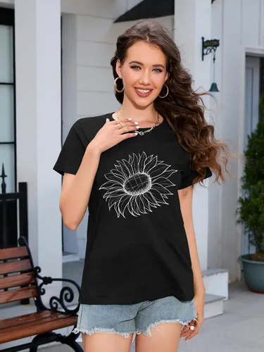 Vista 2 de DEARCASE Camiseta de otoño para mujer, diseño de girasol, holgada, cuello redondo, manga corta, informal, para mujer