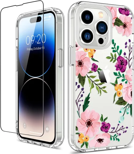 Vista 30 de Funda para iPhone 14 Pro con protector de pantalla, 6.1 pulgadas, transparente de cuerpo completo, a prueba de golpes, diseño floral, para niñas