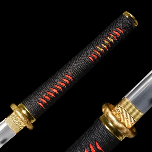 Vista 3 de Espada japonesa hecha a mano, negro/rojo-oro, soporte de exhibición