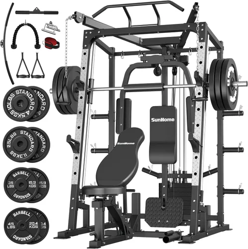 Vista 9 de SunHome Smith Machine, soporte para sentadillas Power Cage con barra Smith, sistemas de tracción LAT, máquina cruzada de cables y accesorio de cable