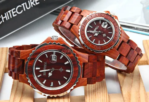 Vista 4 de Bewell ZS-100B - Reloj de cuarzo de madera para parejas para hombres y mujeres hecho a mano ligero con fecha a la moda rojo sándalo Red Sandalwood
