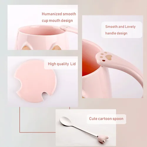 Vista 6 de Juego de Tazas de Gato de 3 Lindas Tazas de Cerámica para Gatos con Tapa, Cuchara y Posavasos Taza de Café para Gatos para Mujeres, Niños, Amantes