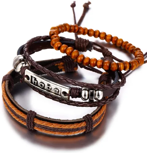 Vista 6 de Hubbering Hope - Pulsera de piel y cuentas de varias capas 3 piezas