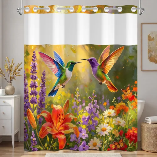 Vista 22 de No Hook Geometric Shower Curtain with Snap in Liner - 71″W x 74″L Waterproof Fabric with Mesh Top Window, Modern Abstract Triangle Design Bath