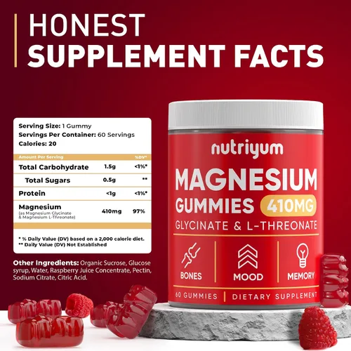 Vista 4 de Gomitas de glicinato de magnesio para adultos y niños – 410 mg de magnesio elemental L-treonato masticables para huesos y apoyo de memoria, estado