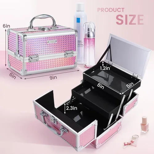 Vista 5 de Estuche de Tren de Maquillaje FRENESSA Caja de Maquillaje Organizador Portátil Estuche de Cosméticos para Viaje Estuche de Maquillaje con Espejo