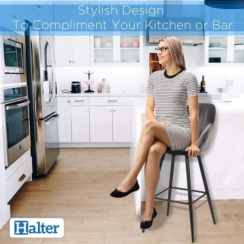 Vista 6 de Halter Taburete de bar con soporte trasero y reposapiés, taburetes de bar modernos tapizados para encimera de cocina, tela gris de felpa y marco