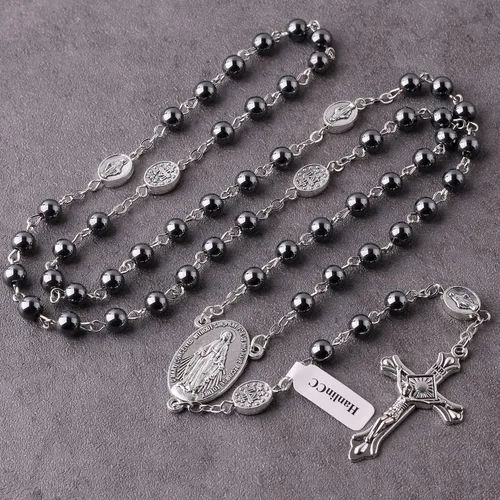 Vista 8 de HanlinCC Collar con cuentas de piedra negra de hematita de 0.236in con rosario milagroso con caja de regalo de metal de cruz para hombres y mujeres