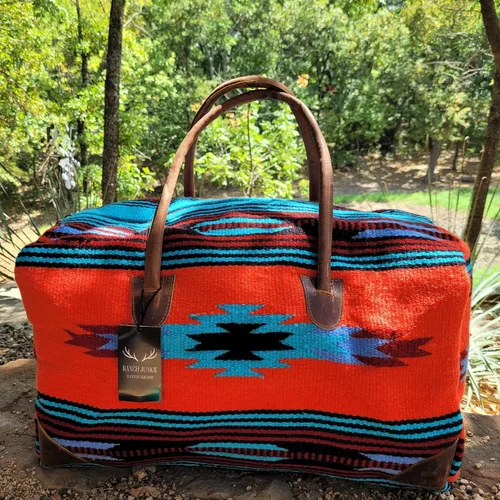 Vista 7 de Southwestern Boho Aztec Large Weekender Duffel Bag Handwoven 100% Leather Handles (Sedona)
