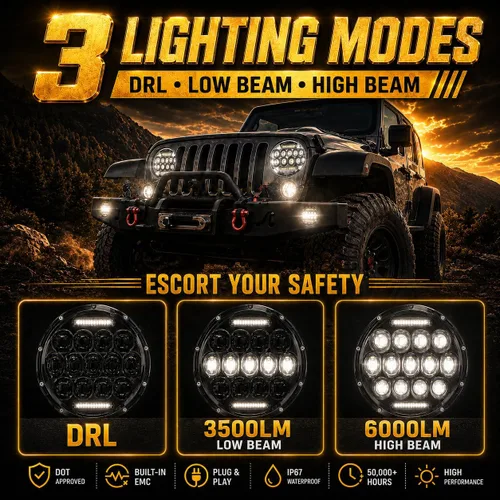 Vista 3 de JHLion - Faros delanteros LED de Jeep Wrangler, 7 pulgadas para Jeep Wrangler JK/TJ/LJ 1997-2020, 150W, faros redondos LED aprobados por DOT, 500%