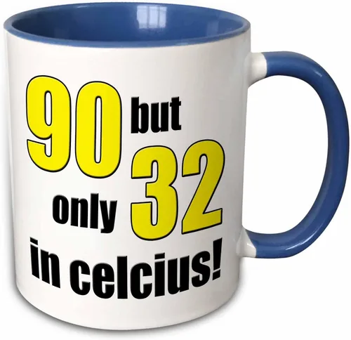 Vista 12 de 3dRose 90 pero solo 32 en Celsius. Amarillo. Taza negra de dos tonos de 11 oz