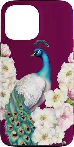 Vista 23 de iPhone 16 Peacock Bird with Long Feathers Watercolor Flowers Case