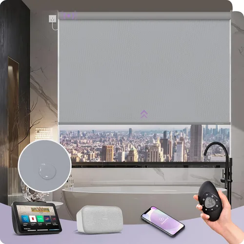 Vista 12 de Graywind Persianas enrollables motorizadas 100% opacas compatibles con Alexa Google, de vinilo, impermeables, inalámbricas, control remoto A-Beige
