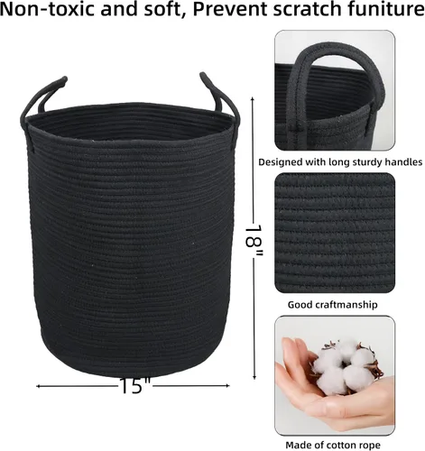 Vista 2 de XUANGUO Cesta de cuerda de algodón negro para ropa sucia, cesta de almacenamiento tejida para sala de estar, dormitorio, cesta de cuerda alta