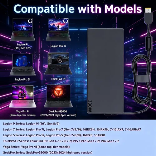 Vista 6 de Cargador de portátil para juegos GaN delgado de 330 W, apto para Lenovo Negro mate