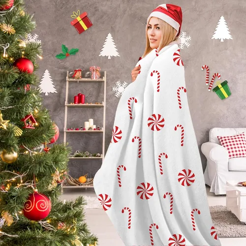 Vista 6 de Manta Navideña de Franela con Diseño de Bastón de Caramelo, Manta de Sofá Súper Suave y Cálida, Manta de Cama, Decoración Navideña de las Fiestas