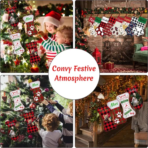 Vista 6 de Calcetines de Navidad personalizados con foto de nombre, medias personalizadas en forma de hueso para perros, gatos, mascotas, medias de Navidad