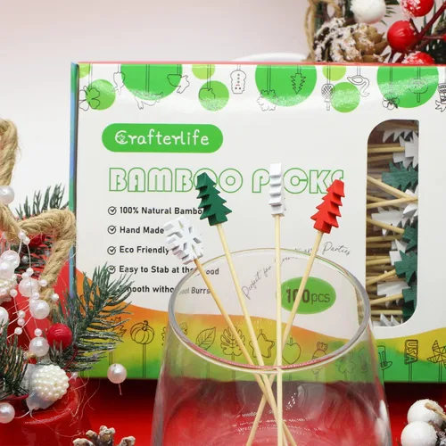 Vista 5 de 100 palillos de cóctel de árbol de Navidad con copos de nieve de 4.7 pulgadas de largo, palillos de frutas, sándwich de aperitivo, brochetas