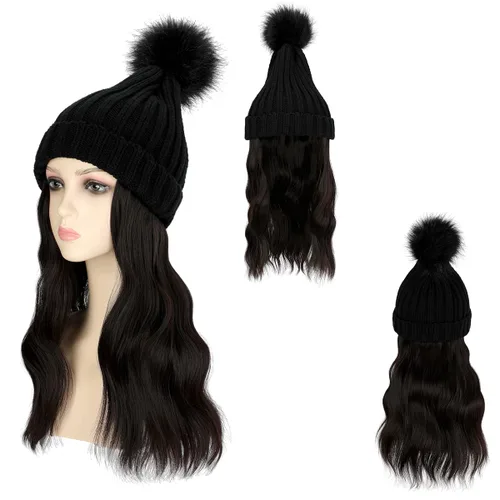 Vista 3 de Gorro para mujer con pelo adjunto, gorro de punto cálido con pompón unido de 14 pulgadas de largo, ondulado, extensiones de cabello rizado, postizo