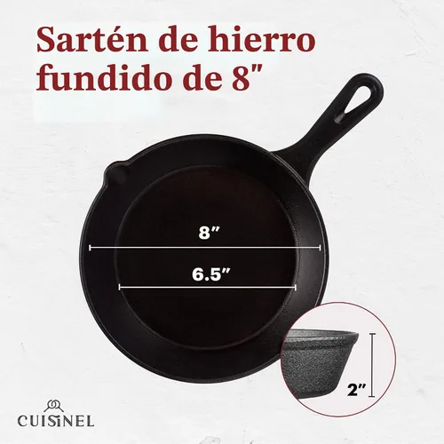 Vista 5 de Sartén de hierro fundido de Cuisinel con tapa - sartén de 8 pulgadas + cubierta de vidrio + soporte de mango de agarre de silicona - utensilios