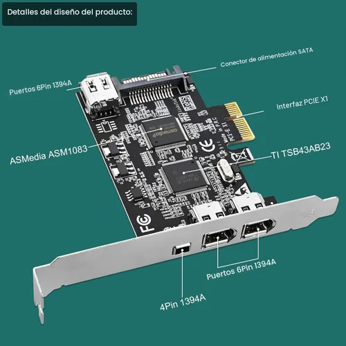 Vista 6 de Tarjeta PCIE 1394A Firewire 400 de 4 puertos para Windows OS y PC MAC OS, TI TSB43AB23, 3 x 6 pines y 1 interfaz 1394A de 4 pines, con cables de 4