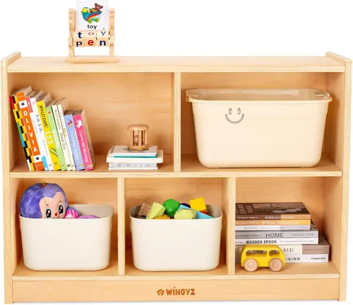 Vista 10 de WINGYZ Rubber Wood Corner Cabinet, 2-Tier Montessori Shelf, 2 Shelf Bookcase Toy Storage Organizer, Montessori Bookshelf for Kids Rooms, Classroom