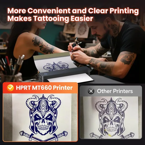 Vista 2 de HPRT Adhesivo térmico portátil Bluetooth para tatuajes, impresora inalámbrica de plantillas de tatuaje con 10 hojas de papel de impresión, tatuajes