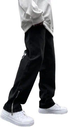 Vista 5 de FantasyGears Y2k - Pantalones de mezclilla para hombre, estilo grunge, hip hop, holgados, pierna recta, pantalones de mezclilla con gráficos