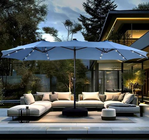 Vista 13 de PHI VILLA Sombrilla de patio grande de 15 pies con base y luces solares, paraguas rectangular de doble cara para exteriores con 36 luces LED, Beige