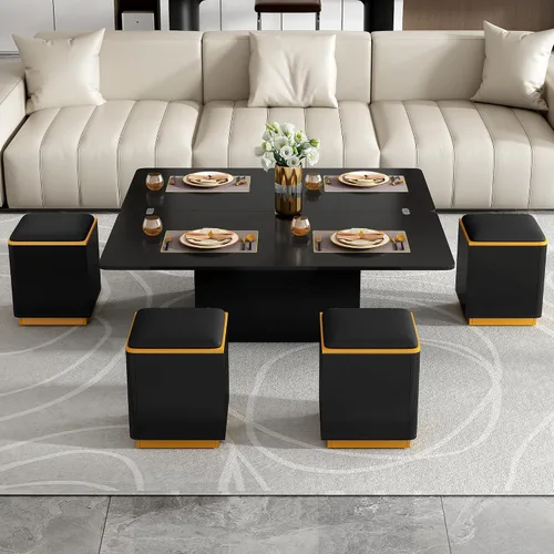 Vista 10 de Mesa auxiliar elevable con 4 taburetes de almacenamiento, moderna mesa central de ahorro de espacio con parte superior plegable, mesa de centro