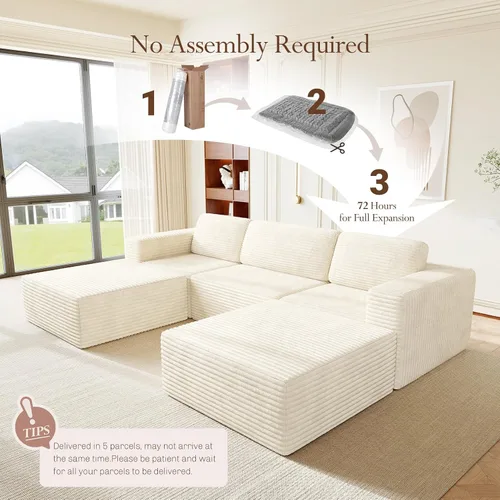 Vista 4 de Vesgantti Sofá modular en forma de U de 119 pulgadas, sofá modular de pana con asiento profundo y soporte de resortes, sofá convertible con 2 Beige