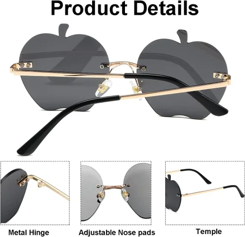 Vista 4 de JOVAKIT Gafas de sol en forma de manzana para mujeres y hombres, gafas de sol retro sin montura para fiesta rave, gafas de Halloween (doradoamarillo)