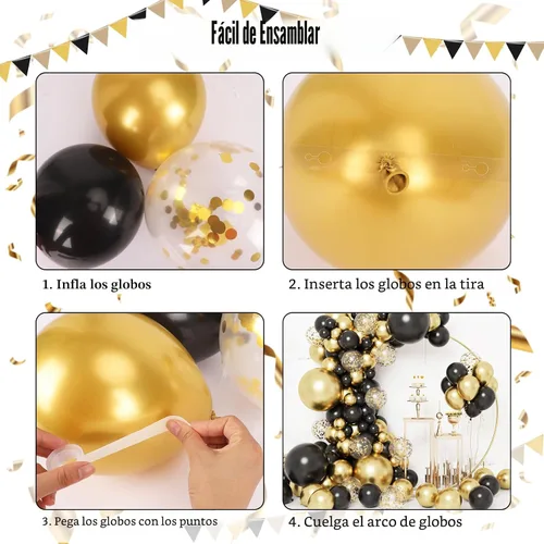 Vista 4 de RUBFAC Globos negros y dorados, decoraciones de graduación 2026, 130 piezas de globos de confeti de metal negro dorado y metálico, kit de arco