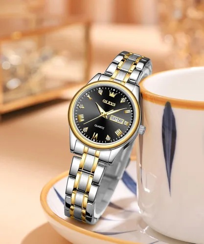 Vista 4 de OLEVS Reloj de pulsera analógico de cuarzo analógico de acero inoxidable para mujer de moda color dorado y plateado