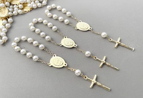 Vista 5 de 25 Off White Color Gold Plated Mini Rosary with Miraculous medal for Baptism Favors/Christening/communion Favors/Mini rosarios con Medalla Milagrosa
