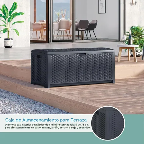 Vista 3 de Suncast Caja de almacenamiento para exteriores - Caja de cubierta de mimbre de resina Cyberspace de 73 galones con tapa con cierre, contenedor