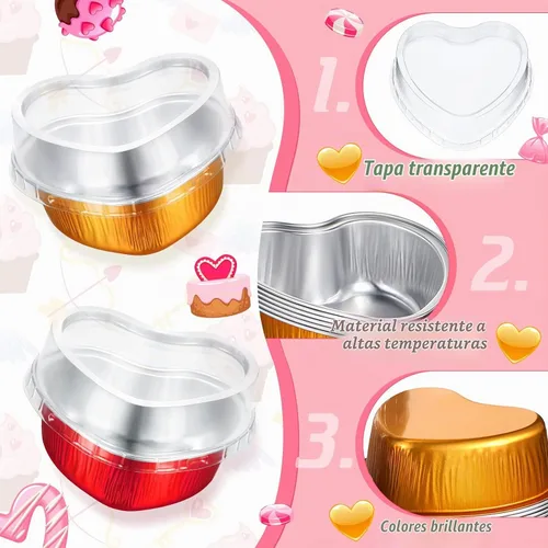 Vista 3 de Honeydak 100 juegos de moldes para hornear con forma de corazón, mini molde de aluminio de 3.4 onzas, lata desechable para cupcakes con tapas