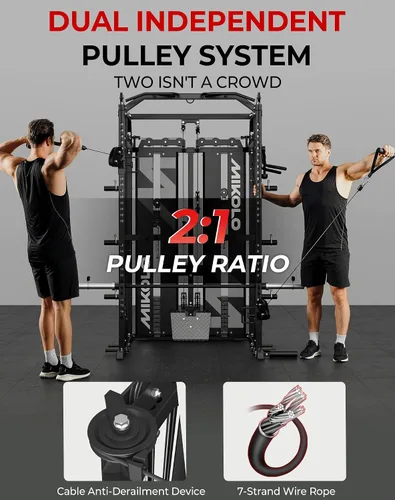 Vista 6 de Mikolo - Máquina Smith con pila de pesas, sistema de gimnasio en casa tipo jaula de potencia con tracción LAT y cruce de cable, entrenador