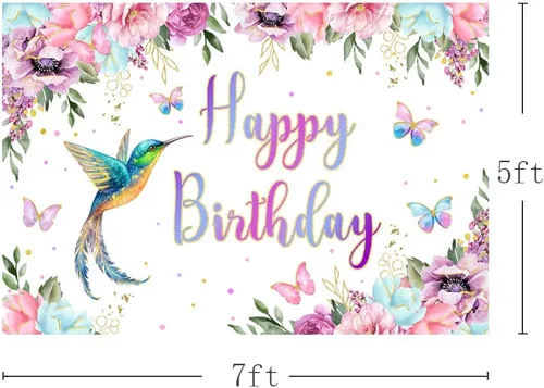 Vista 3 de MEHOFOND Fondo de cumpleaños de colibrí de 7 x 5 pies, fondo floral de acuarela de primavera para niña, suministros de fiesta de primer cumpleaños
