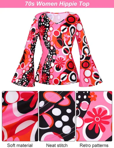 Vista 4 de SOMSOC Paquete de 7 disfraces hippie de los años 70 para mujer, pantalones acampanados bohemios, teñido anudado, diadema, collar, aretes, peluca