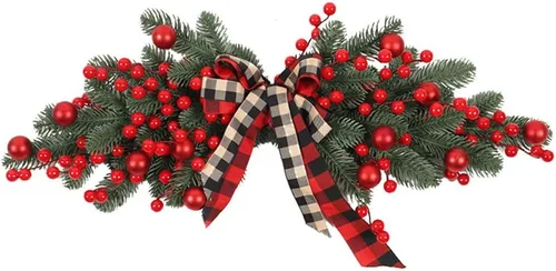 Vista 8 de Ochine Agujas artificiales de pino de invierno, con lazo de cinta y bayas rojas para decoración del hogar