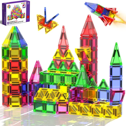 Vista 14 de Frozen Mini azulejos magnéticos de juguete de construcción de castillo de princesa, 50 bloques de construcción magnéticos con 2 personas de acción