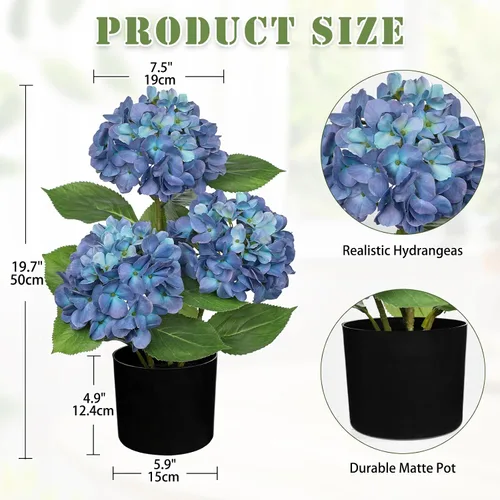 Vista 2 de Hollyone Flores artificiales de hortensias azules en maceta, flores grandes de seda de tres cabezas, arreglos florales falsos para interiores